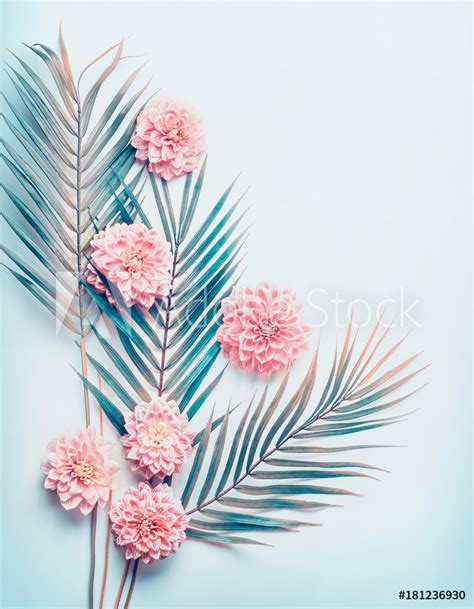 Creative Layout With Tropical Palm Leaves And Pastel Pink