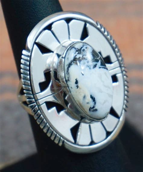 Item 657K Lg Navajo Oblong White Buffalo Decorated Overlay Ring By E