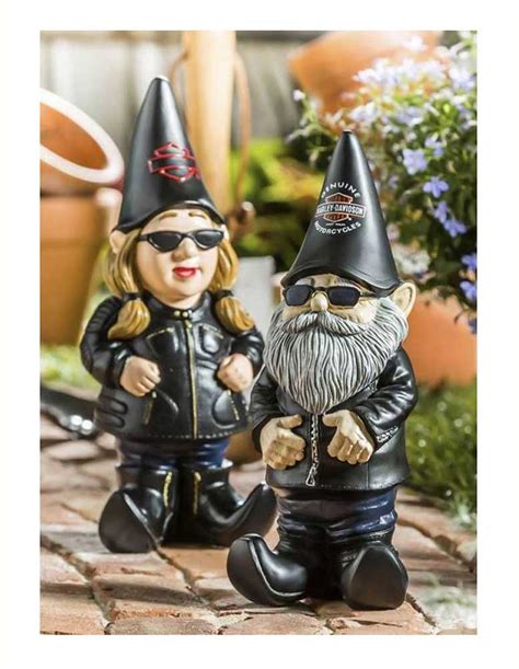 Harley Davidson® Sculpted Male And Lady Biker Themed Garden Gnome Set