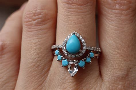Teardrop Turquoise Bridal Ring Set Pear Blue Turquoise Engagement W