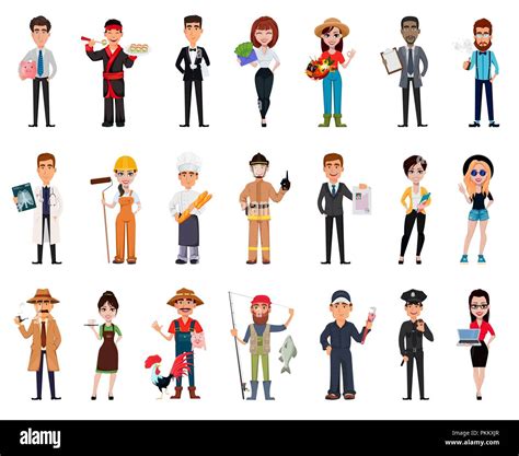 People Of Different Professions Set Of Twenty One Poses With Cartoon