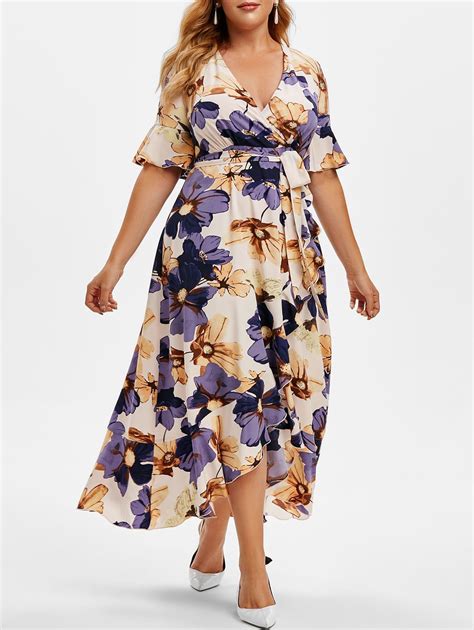 37 Off 2021 Plus Size Floral Print Ruffled High Low Maxi Dress In