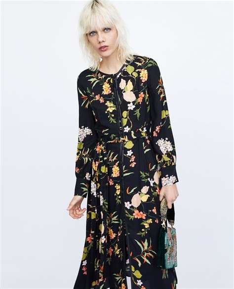 Longsleeve Black Midi Dress In Floral Print With Button Fastening And