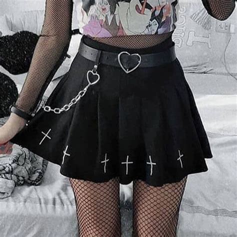 Black Mall Goth Pleated Mini Skirt Woman Cross Gothic Punk Emo Egirl