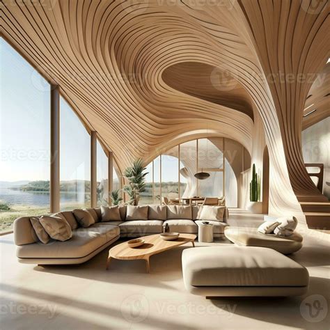 The Interior Design Of The Modern Living Room With Abstract Wooden
