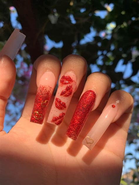 Nailsbysstephh On Ig Red Nails Glitter Vday Nails Acrylic Nails Coffin Pink Long Square