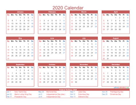 Free Printable 2020 Yearly Calendar With Holidays Template Printable
