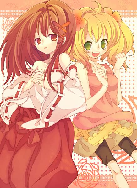 safebooru blonde hair brown eyes brown hair green eyes japanese clothes miko multiple girls