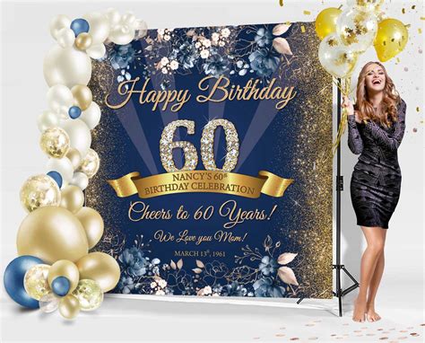 Birthday 60th Backdrop For Photography Personalized Navy Blue Etsy