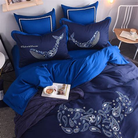 Mesmerizing Royal Blue Egyptian Cotton Embroidery Bedding Set