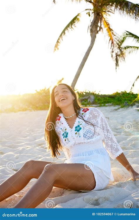 Latin Beautiful Girl Sunset In Caribbean Beach Stock Image Image Of