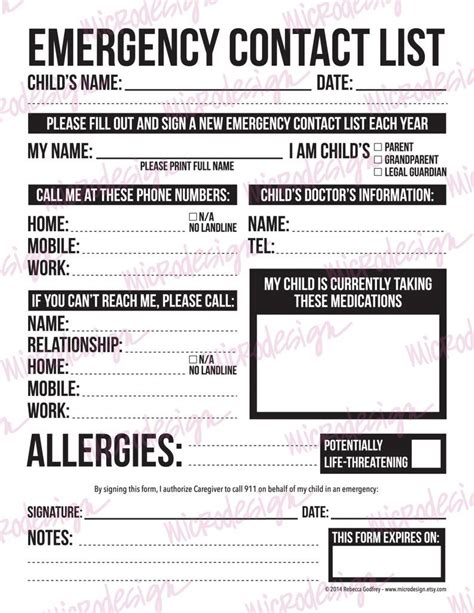 Emergency Contact Form For Nanny Babysitter Or Daycare Printable Pdf