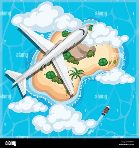 Aerial View Of Airplane Over Island Illustration Stock Vector Image
