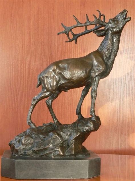 Large Roaring Deer On Rock Bronze Sculpture On Marble Base Etsy