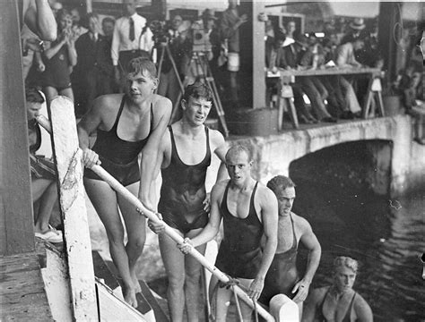 five male swimmers noel ryan on left domain baths sydney [ca 1934] photographer sam hood