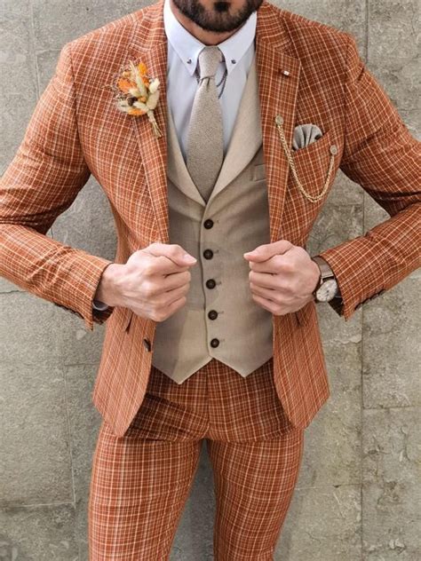 Verno Bellingham Orange Slim Fit Check Suit In 2020 Designer Suits