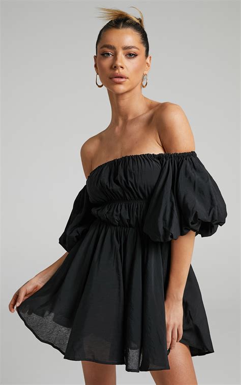 jessra off shoulder puff sleeve mini dress in black showpo usa