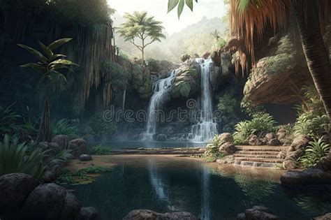 Beautiful Waterfall In Tropical Jungle Cascade Waterfall In Green Tree
