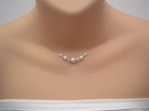 Dainty Graduated Floating Pearl And Crystal Illusion Necklace For Women