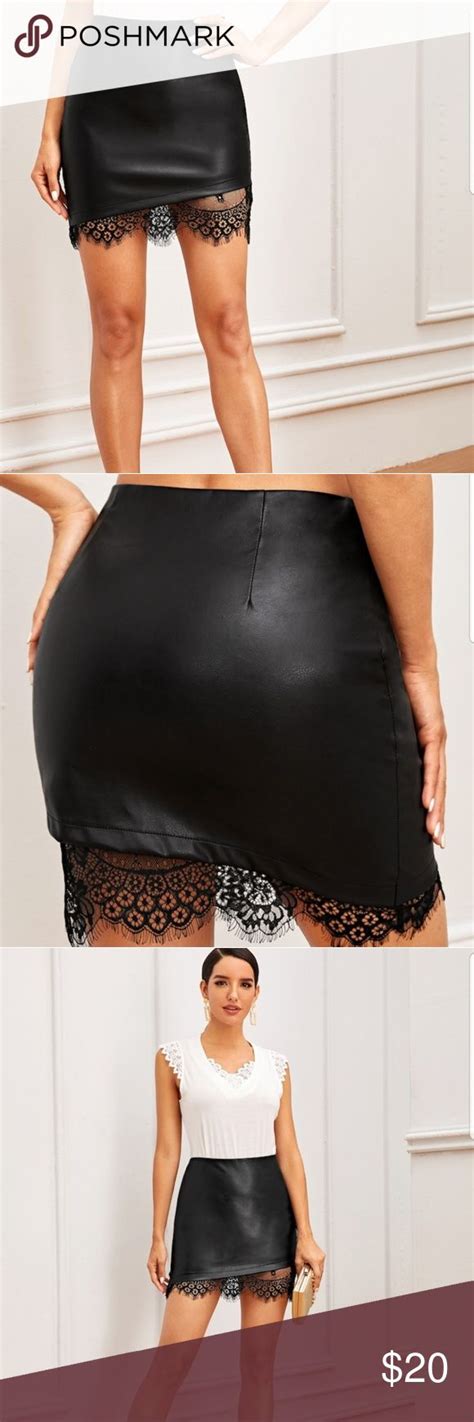 New Eyelash Lace Hem Pu Skirt Zip Side Eyelash Lace Hem Pu Skirt Skirts Mini Pu Skirt Lace Hem