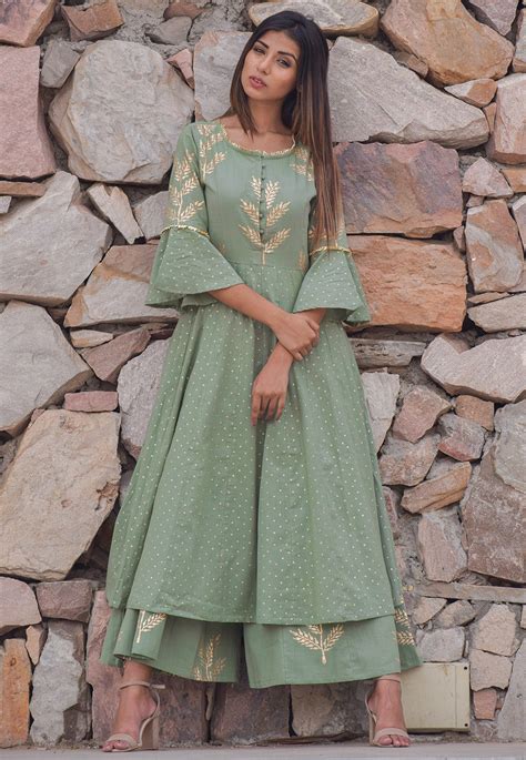 Block Printed Cotton Pakistani Suit In Dusty Green Kgpd8