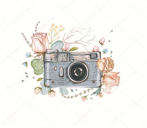 Vintage Retro Photo Camera Flowers Leaves Branches White Background