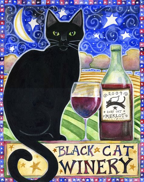 Black Cat Winery 8x10 Black Cat Moon Star Wine Print Etsy