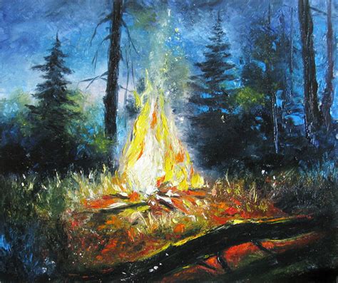 Campfire Painting Bonfire Original Art Fireplace Artwork Etsy