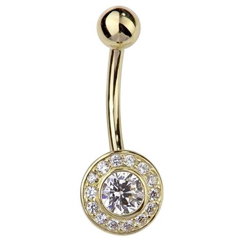 CZ Solitaire With Pave Accents 14K Gold Belly Ring FreshTrends Body