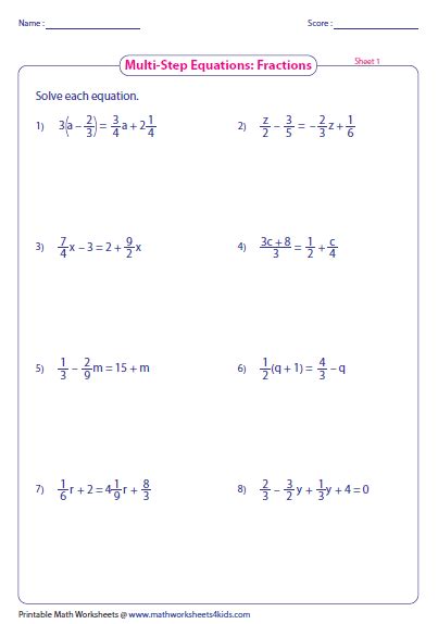 Solving Multi Step Equations With Rational Numbers Worksheet
