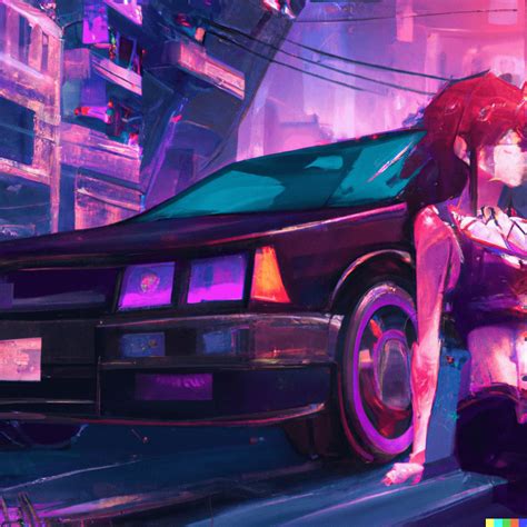 A Cyberpunk Illustration An Anime Girl Leaning Against Her Car In A