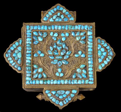 Tibetan Womans Gilded Filigree Amulet Box Gau With Turquoise