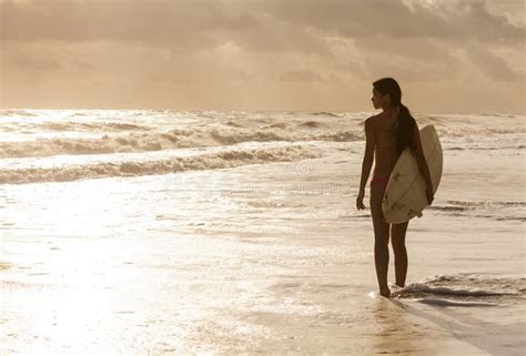 Woman Bikini Surfer And Surfboard Sunset Beach Stock Image Image Of