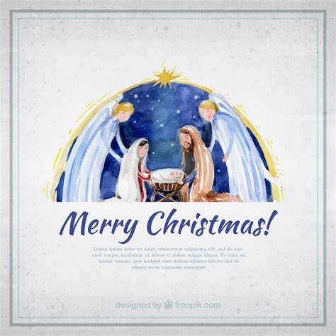 Free Vector Merry Christmas Card With Watercolor Nativity Scene