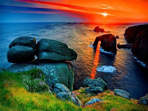 Amazing Sea Sunset Rocks Red Shore Grass Dazzling Sunset Clouds