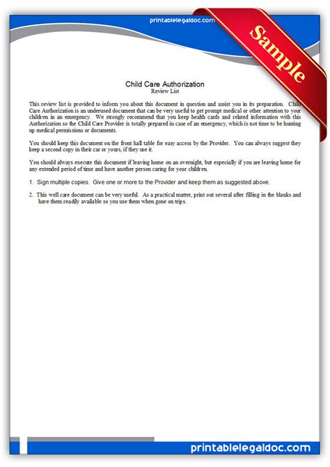 Free Printable Child Care Authorization Form Generic