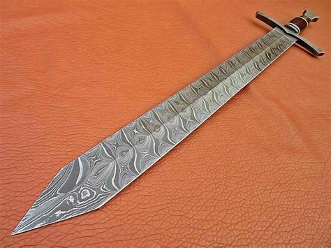 Handmade Damascus Steel Sword With Leather Sheath Etsy