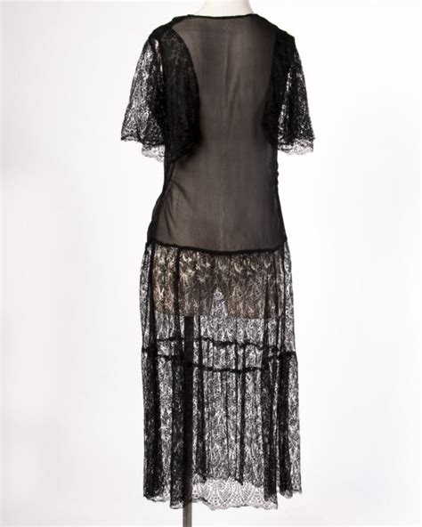 Vintage 1920s 20s Sheer Black Silk Chiffon Lace Drop Waist Flapper