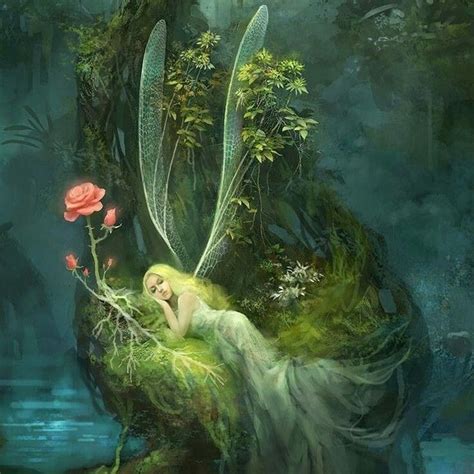 A Fairy Sitting On Top Of A Lush Green Forest Next To A Pink Flower In