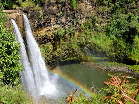 Wailua Falls With Rainbow Near Lihue On Kauai Hawaii Encircle Photos