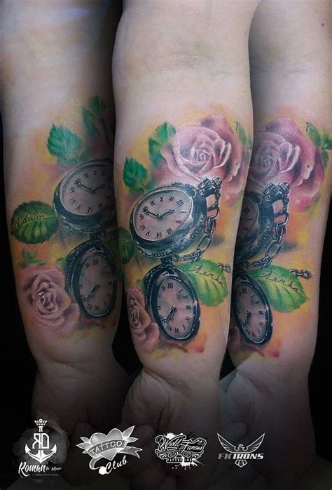 Two Tattoos With Clocks And Roses On Both Arms One Has A Rose In The