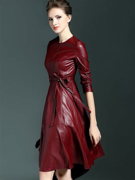 Win Red Round Neck Long Sleeve Tie Waist Leather Dress Leather
