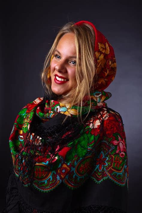 Beautiful Woman In A Red Traditional Russian Shawl Stock Image Image Of Happy Black 63069957