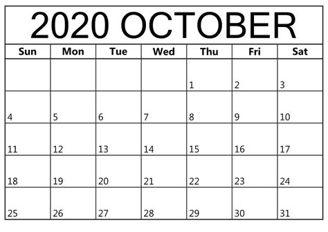 October 2020 Printable Calendar Template Printable Calendar