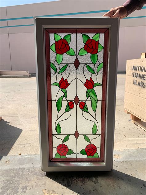 Installed Roses Stained Glass In Tempered Glass And Vinyl Frame