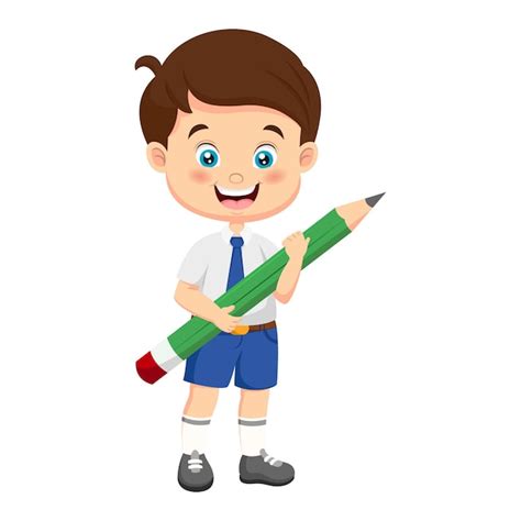 Premium Vector Cute School Boy Holding A Big Pencil