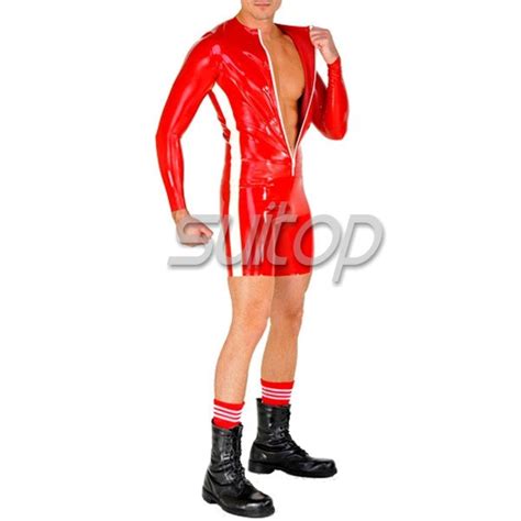 Mens Rubber Latex Long Sleeve Leotard Jumpsuit With Front Zip In Red Color