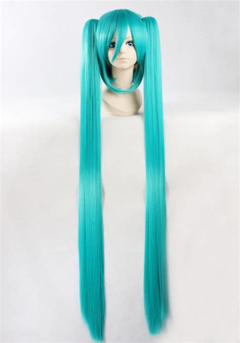 Quality Thick 120cm Long Straight Blue Wigs With Two Ponytail Clips