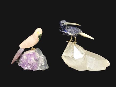 Two Carved Semi Precious Stone Birds On Crystalline Roc