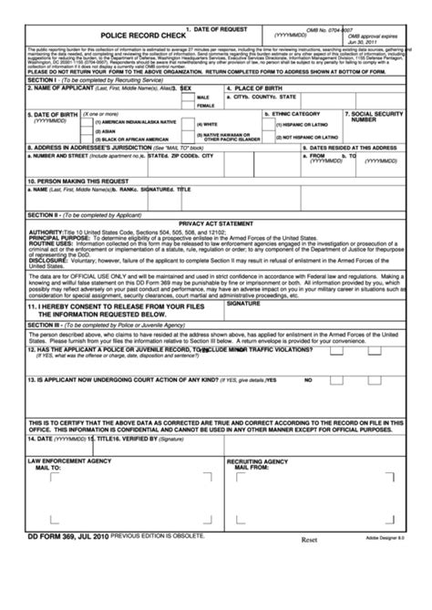 Fillable Police Record Check Dd Form 369 Jul 2010 Reset Printable Pdf